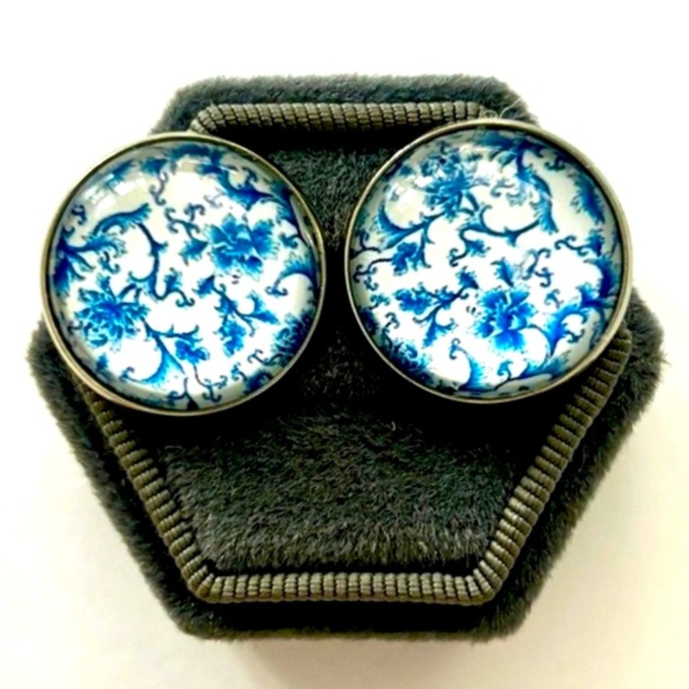 Blue and White Glass Dome Cabochon Earrings, 20mm, Stainless Steel, Unworn, NWT